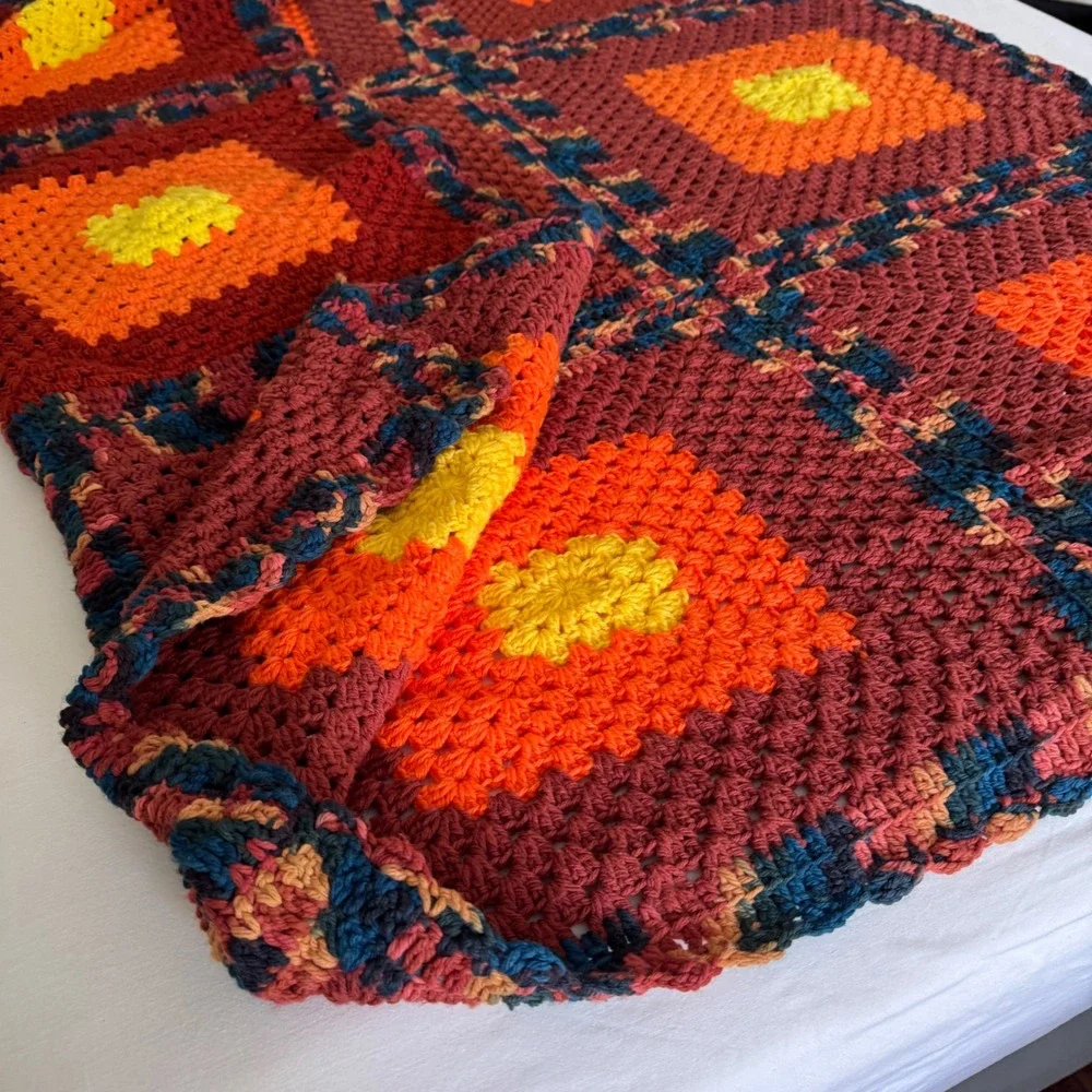 Vintage Handmade Crochet Granny Square Afghan Knit Throw Blanket Orange Maroon